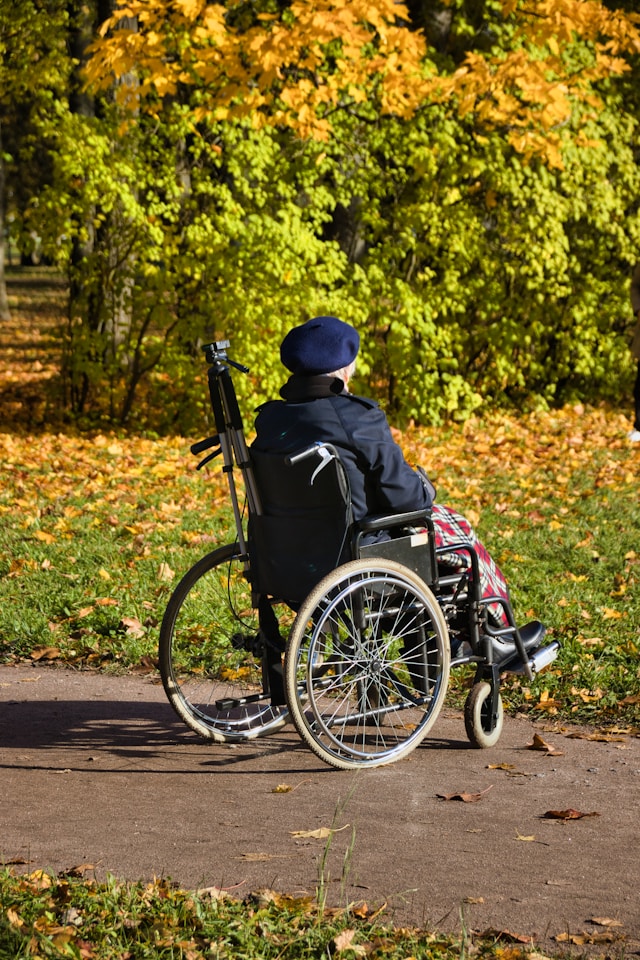 Caregiver escorting senior client on a pleasant walk in the local park